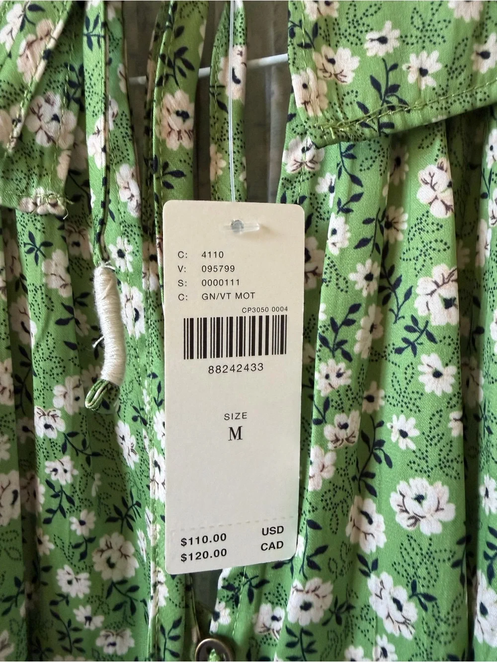 Anthropologie Button-Front Peasant Blouse Green Floral Satin NWT Size M - Picture 6 of 7